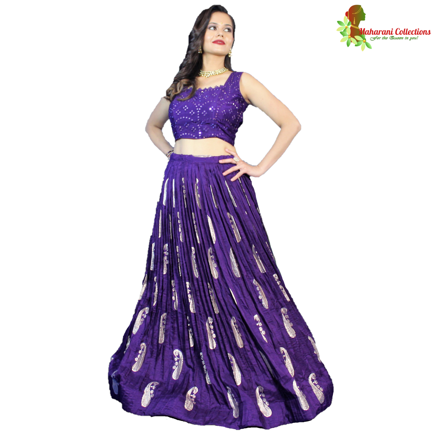 Maharani's Silk Ikkat Patola Lehenga Choli with Half Koti - Purple