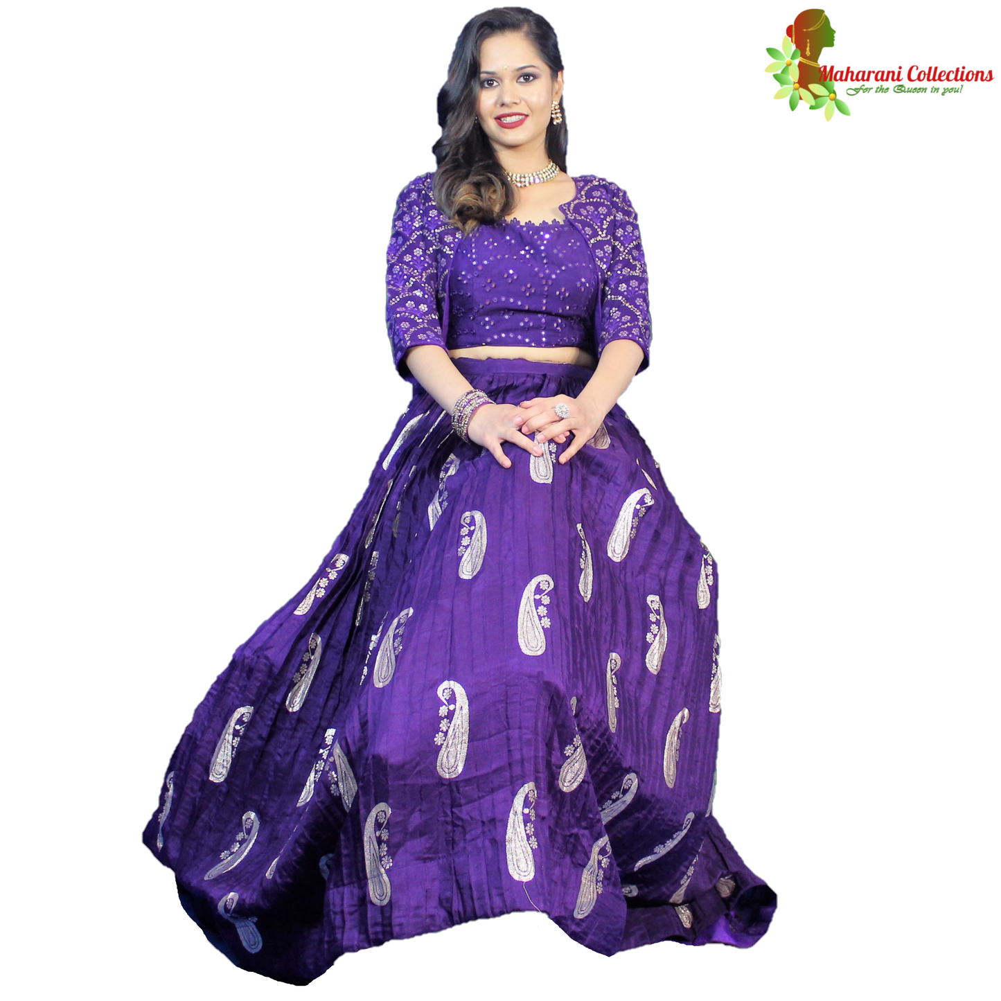 Maharani's Silk Ikkat Patola Lehenga Choli with Half Koti - Purple