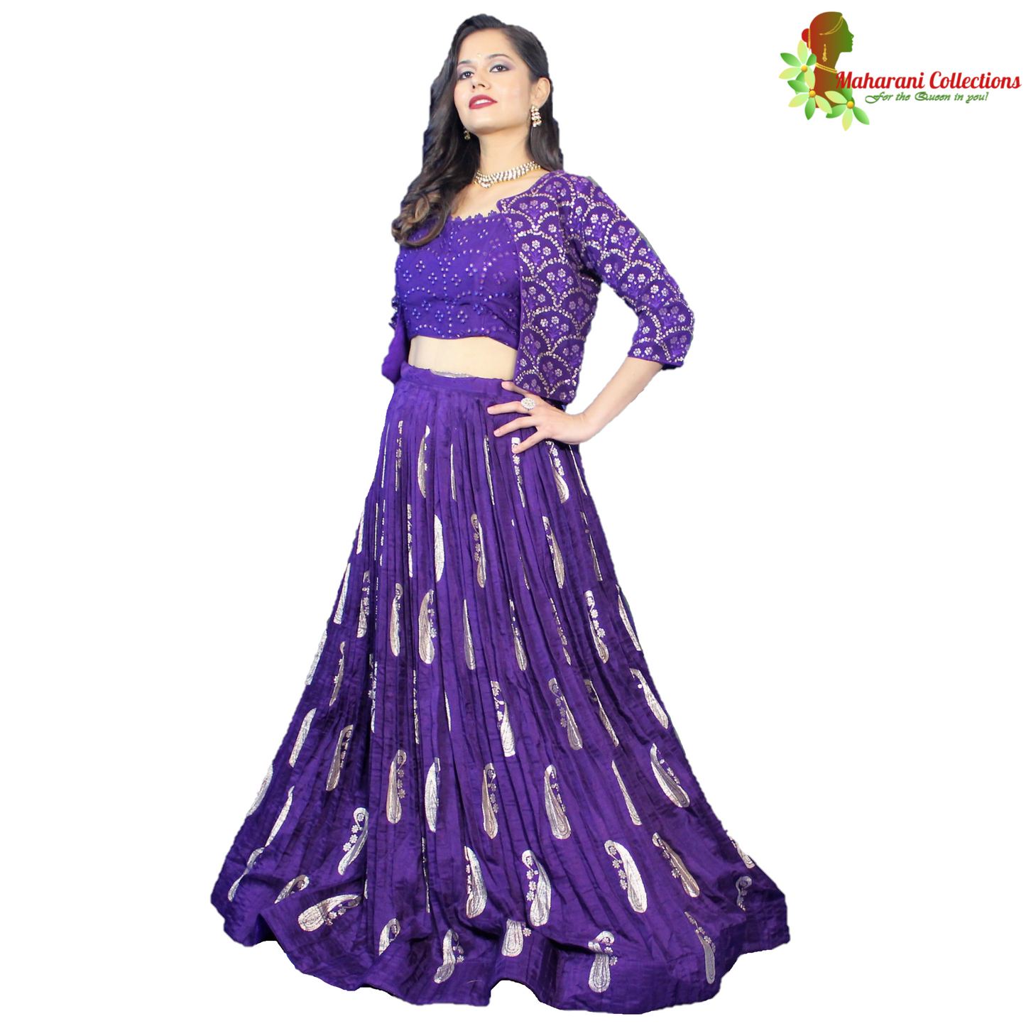 Maharani's Silk Ikkat Patola Lehenga Choli with Half Koti - Purple