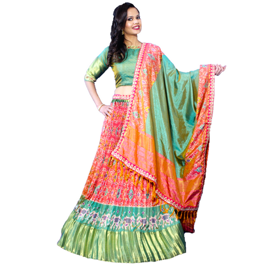 Maharani's Silk Ikkat Patola Lehenga Choli - Orange and Green