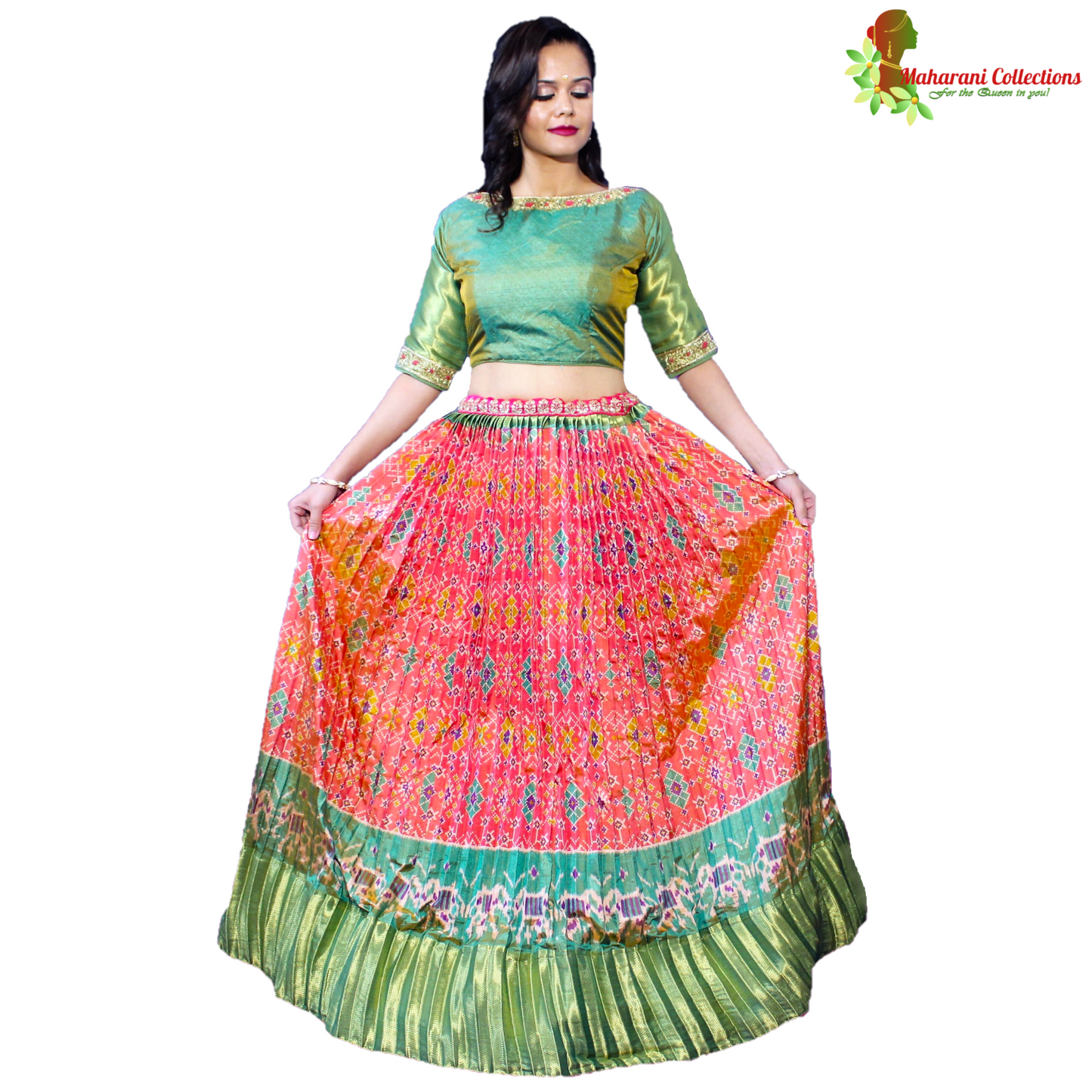 Maharani's Silk Ikkat Patola Lehenga Choli - Orange and Green