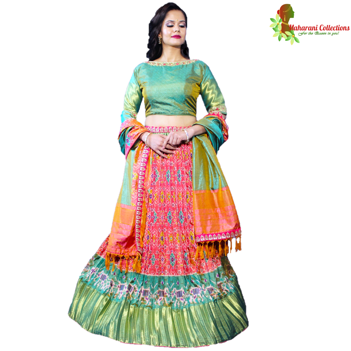 Maharani's Silk Ikkat Patola Lehenga Choli - Orange and Green