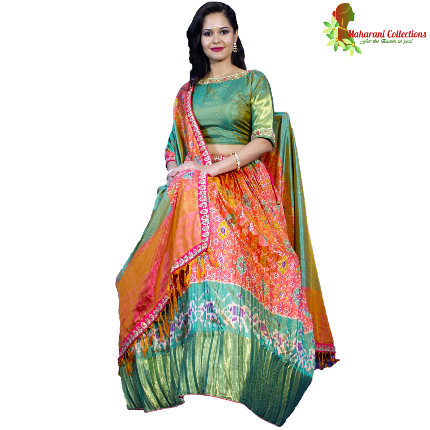 Maharani's Silk Ikkat Patola Lehenga Choli - Orange and Green
