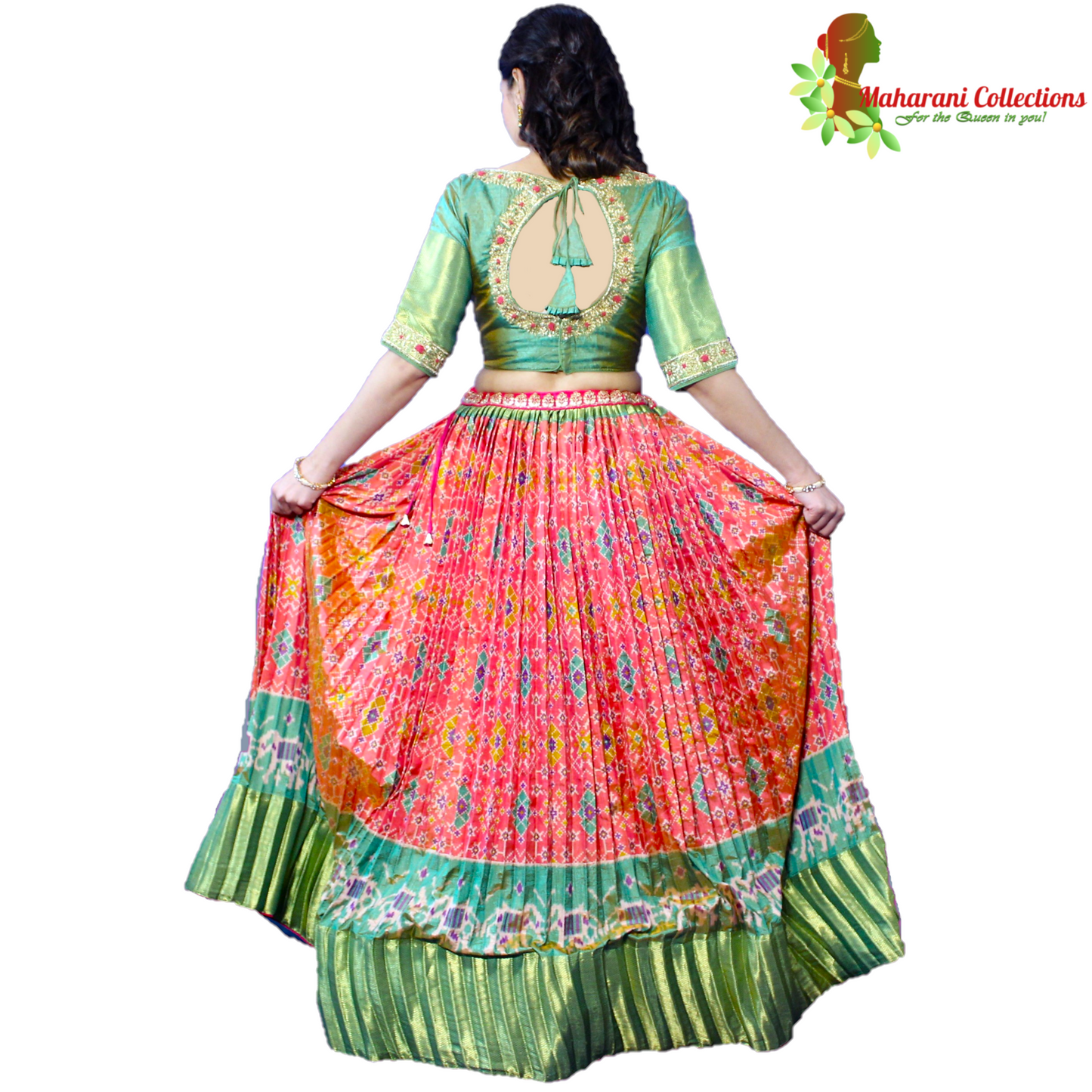 Maharani's Silk Ikkat Patola Lehenga Choli - Orange and Green