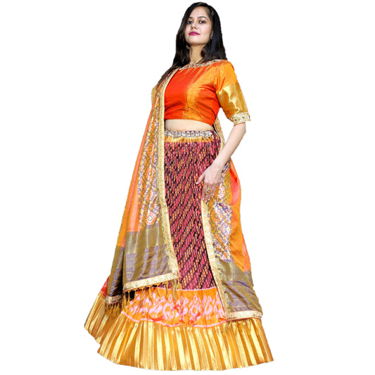 Maharani's Silk Ikkat Patola Lehenga Choli - Deep Orange
