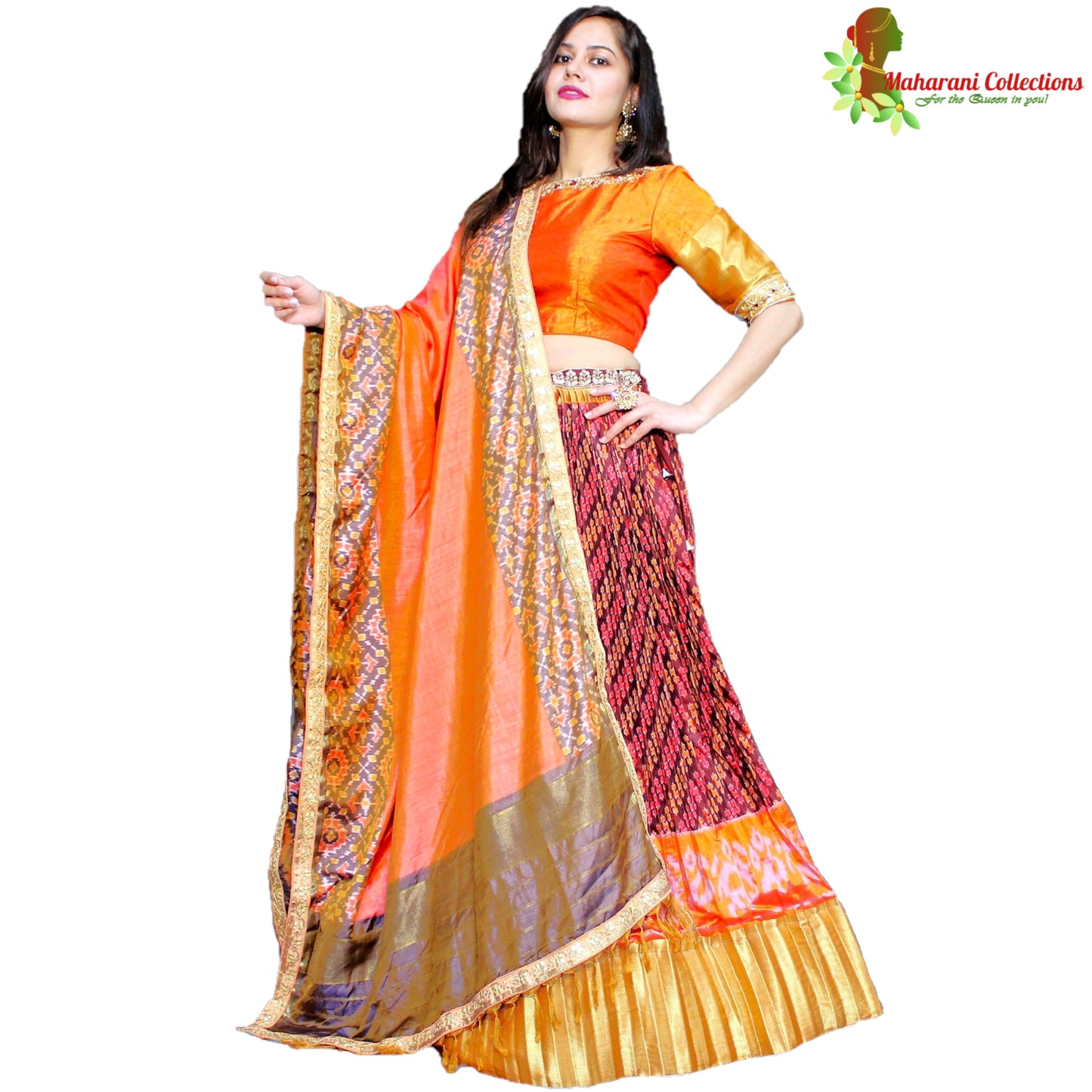 Maharani's Silk Ikkat Patola Lehenga Choli - Deep Orange