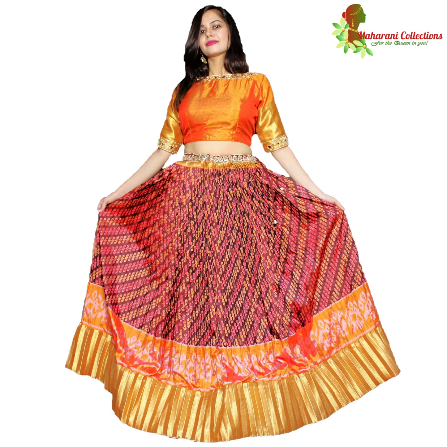 Maharani's Silk Ikkat Patola Lehenga Choli - Deep Orange
