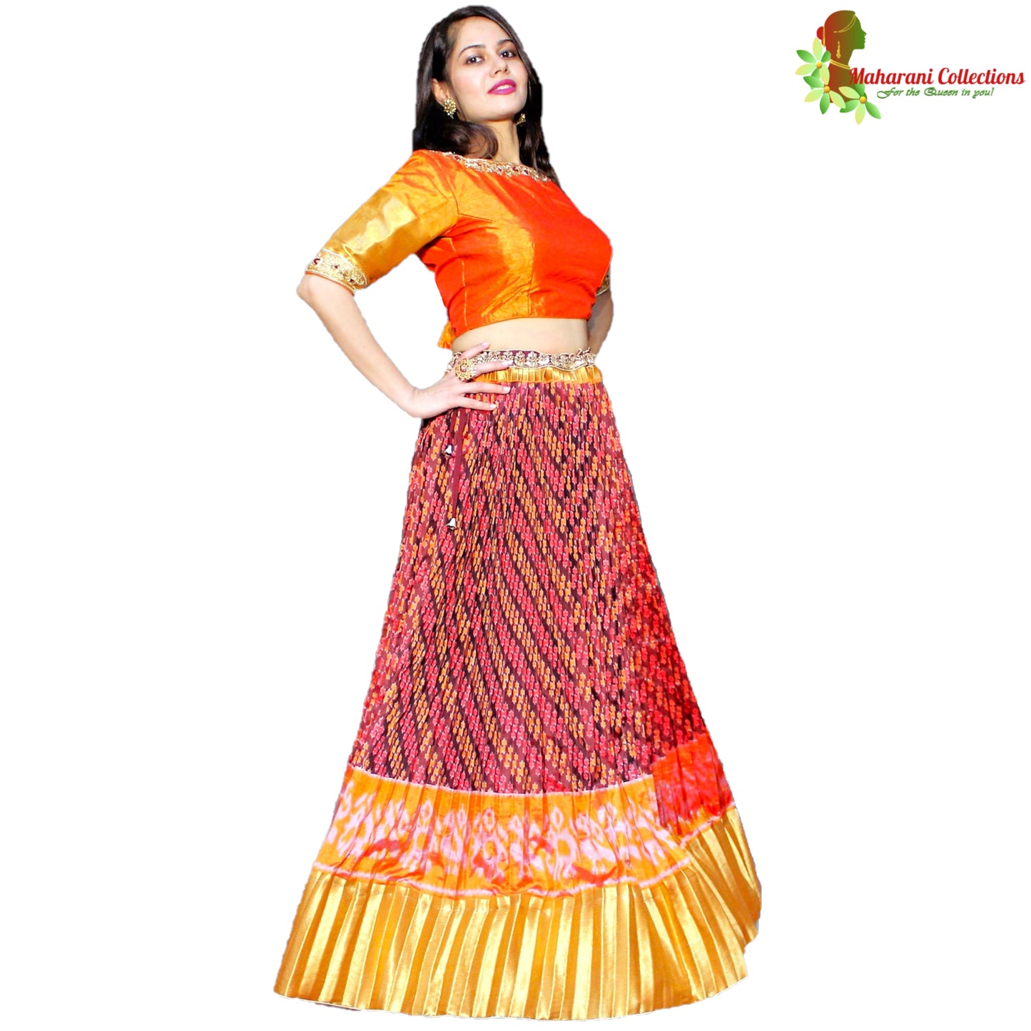 Maharani's Silk Ikkat Patola Lehenga Choli - Deep Orange