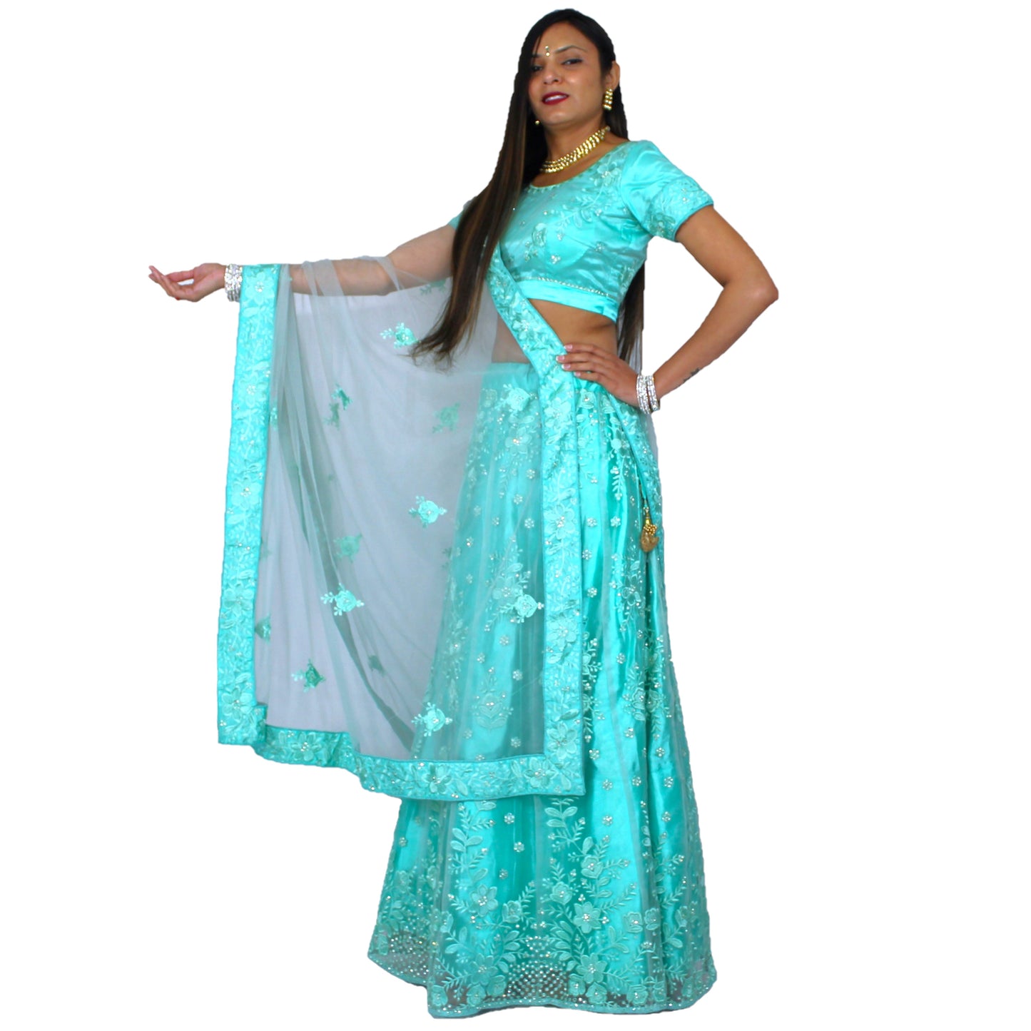 Designer Net-Silk Lehenga - Sea Green with Zari and Sequins Embroidery