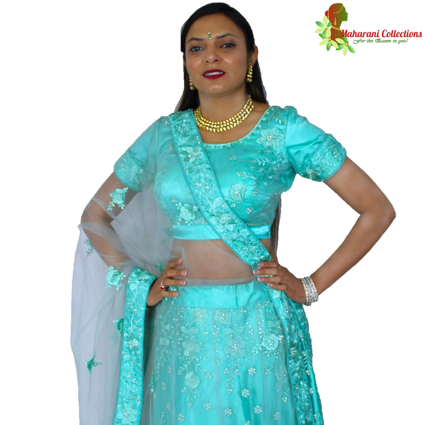 Designer Net-Silk Lehenga - Sea Green with Zari and Sequins Embroidery