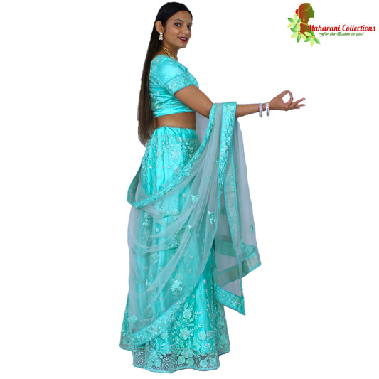Designer Net-Silk Lehenga - Sea Green with Zari and Sequins Embroidery
