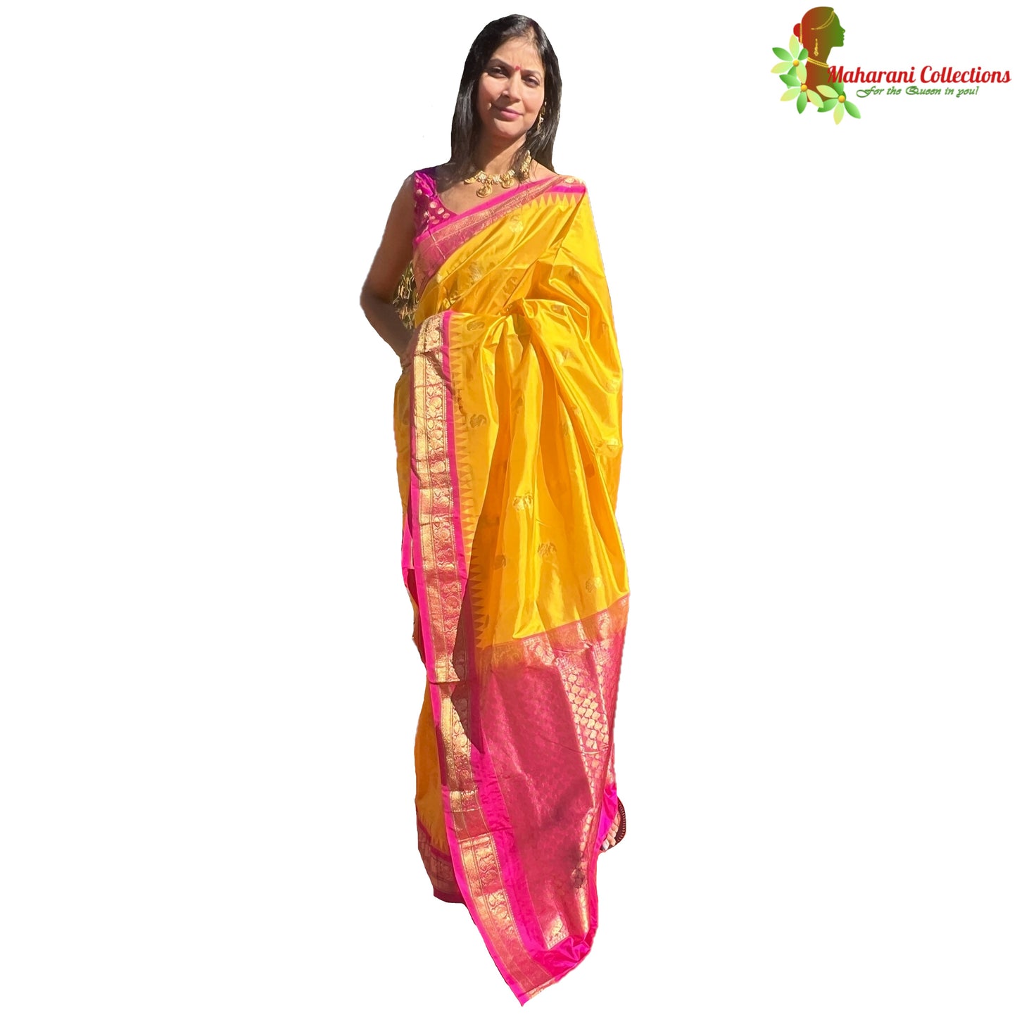Maharani's Pure Banarasi Paithani Silk Saree - Yellow (with stitched Petticoat)