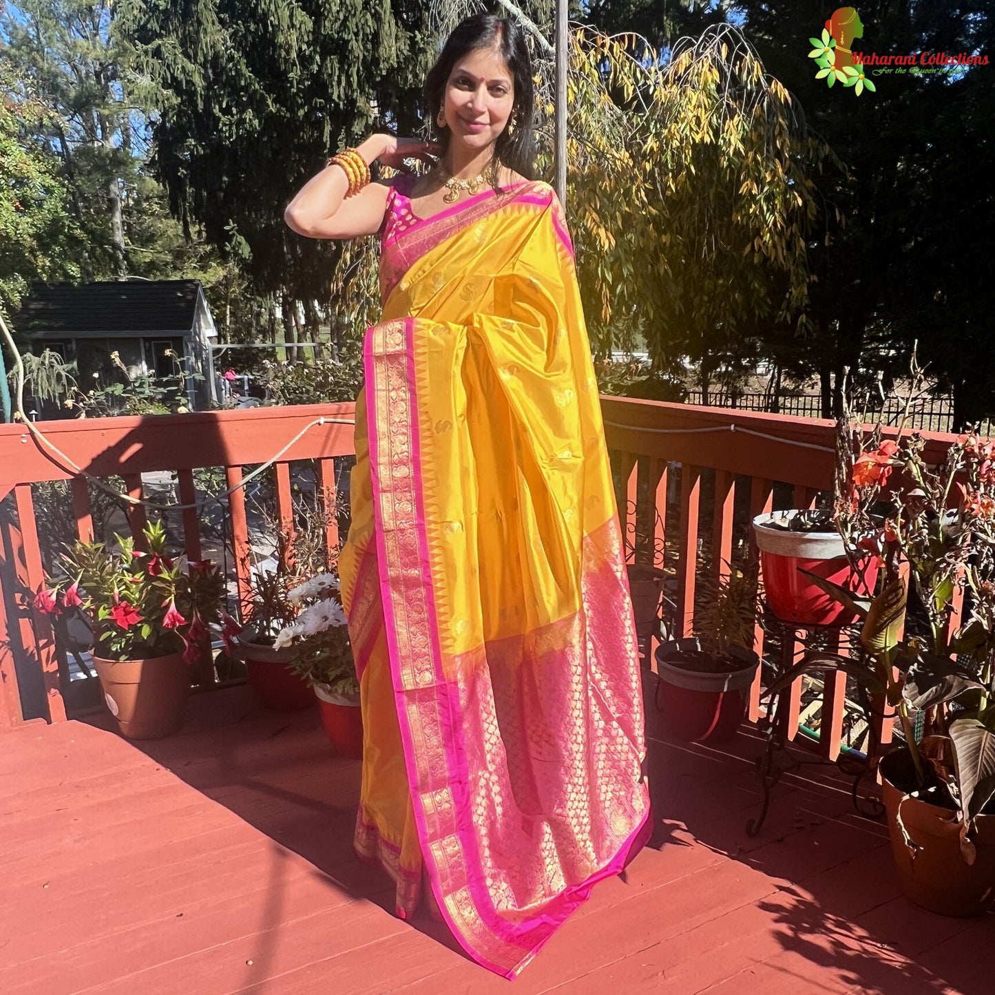 Maharani's Pure Banarasi Paithani Silk Saree - Yellow (with stitched Petticoat)