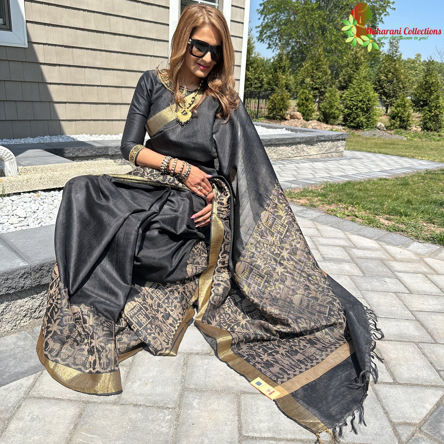 Maharani's Pure Tussar Silk Saree (Silk Mark) - Black (with Stitched Blouse & Petticoat)