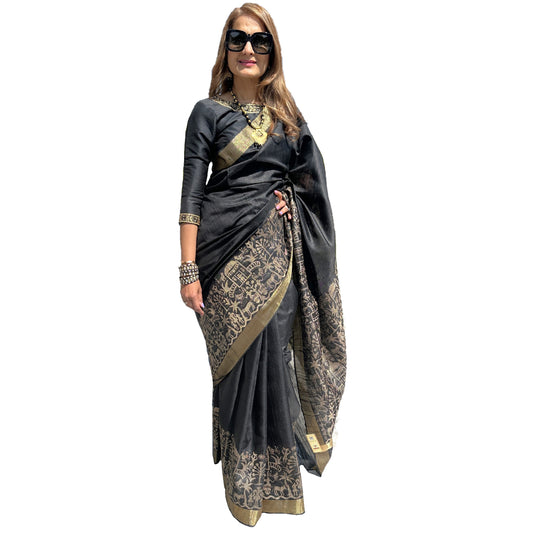 Maharani's Pure Tussar Silk Saree (Silk Mark) - Black (with Stitched Blouse & Petticoat)