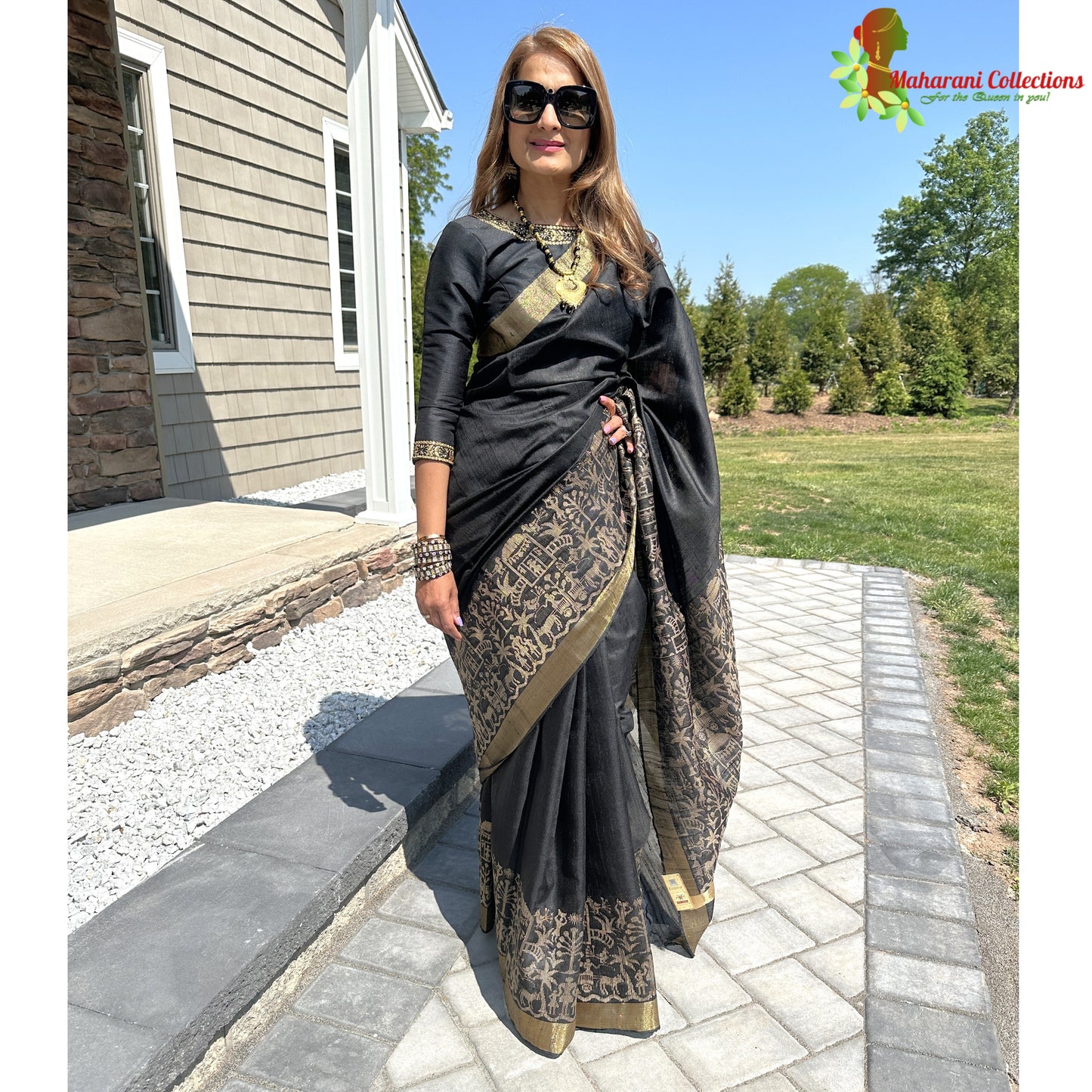 Maharani's Pure Tussar Silk Saree (Silk Mark) - Black (with Stitched Blouse & Petticoat)