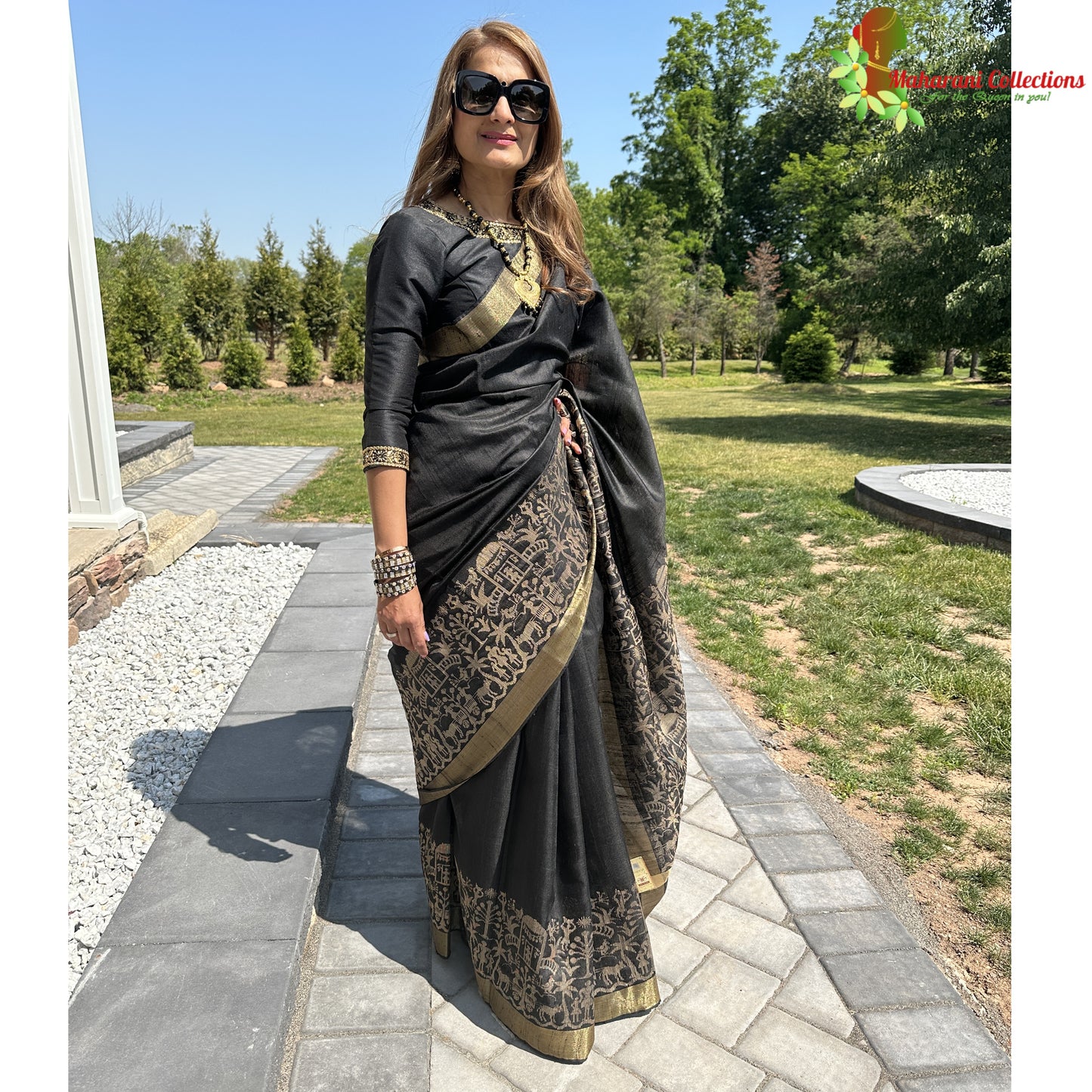 Maharani's Pure Tussar Silk Saree (Silk Mark) - Black (with Stitched Blouse & Petticoat)