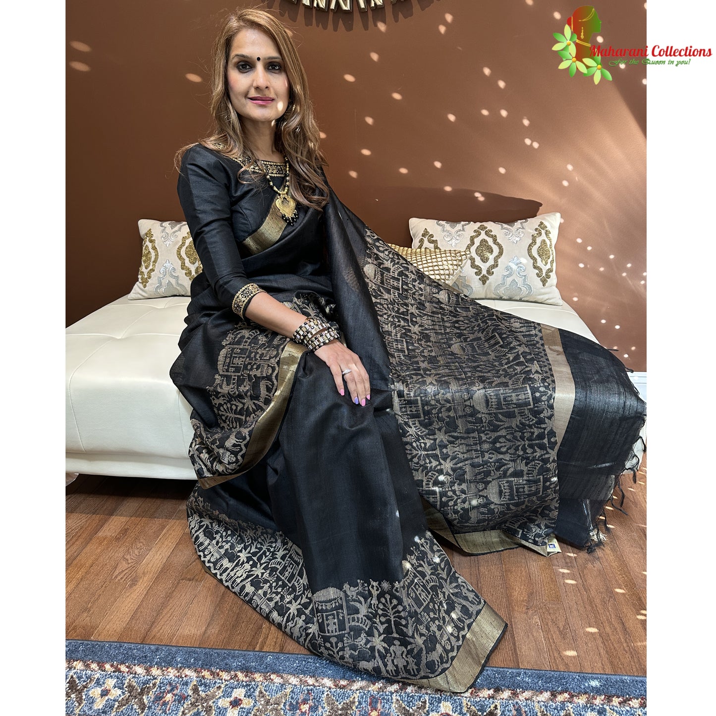 Maharani's Pure Tussar Silk Saree (Silk Mark) - Black (with Stitched Blouse & Petticoat)