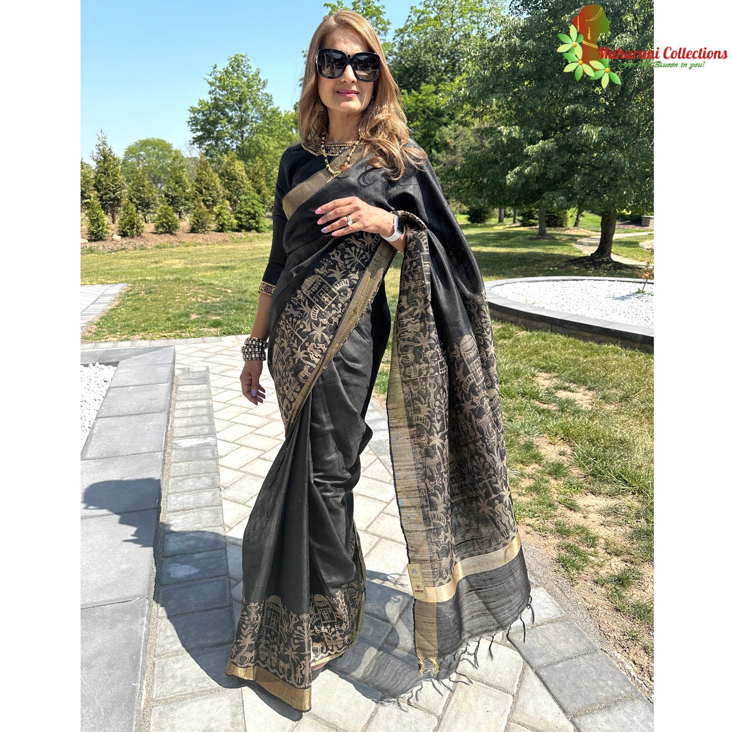 Maharani's Pure Tussar Silk Saree (Silk Mark) - Black (with Stitched Blouse & Petticoat)