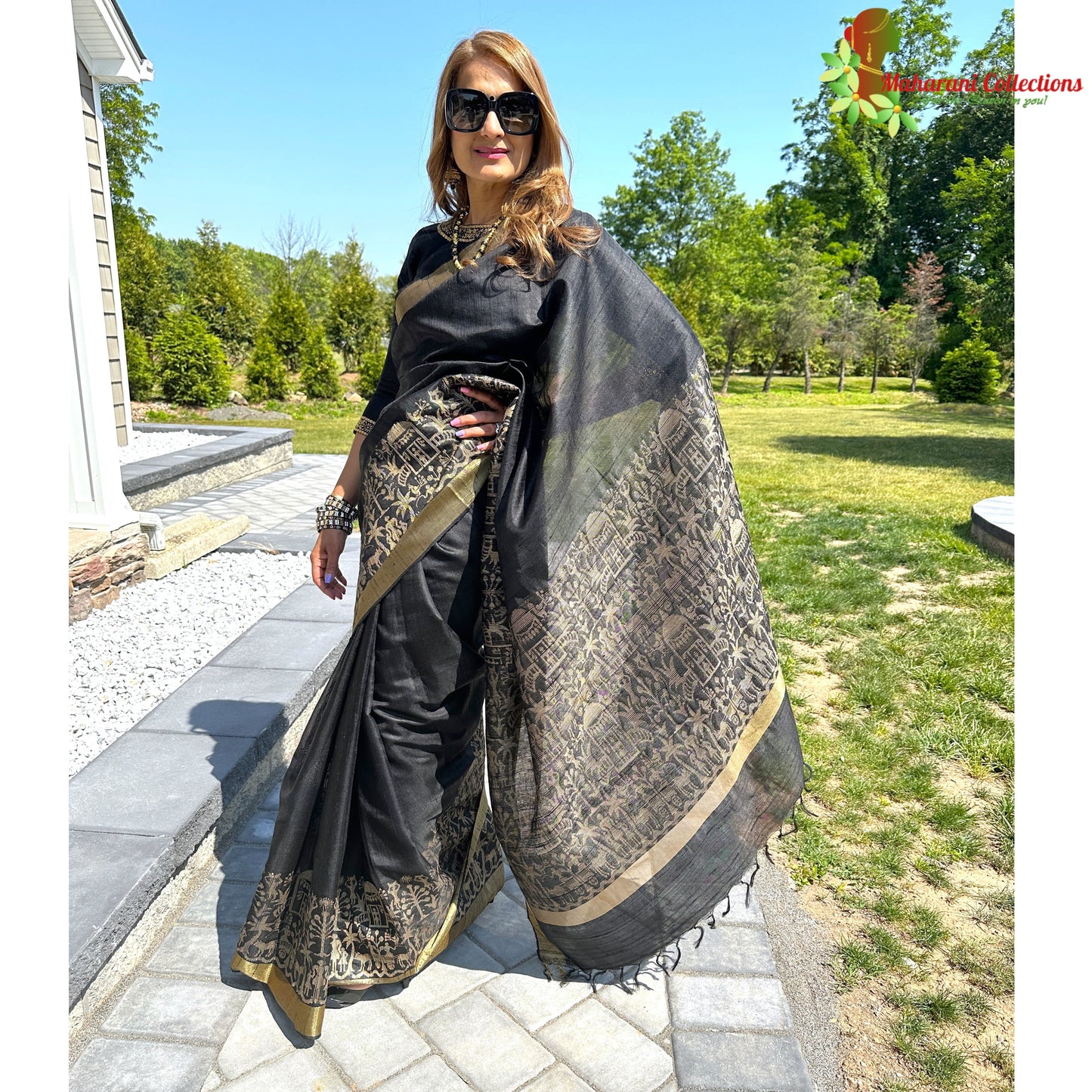 Maharani's Pure Tussar Silk Saree (Silk Mark) - Black (with Stitched Blouse & Petticoat)