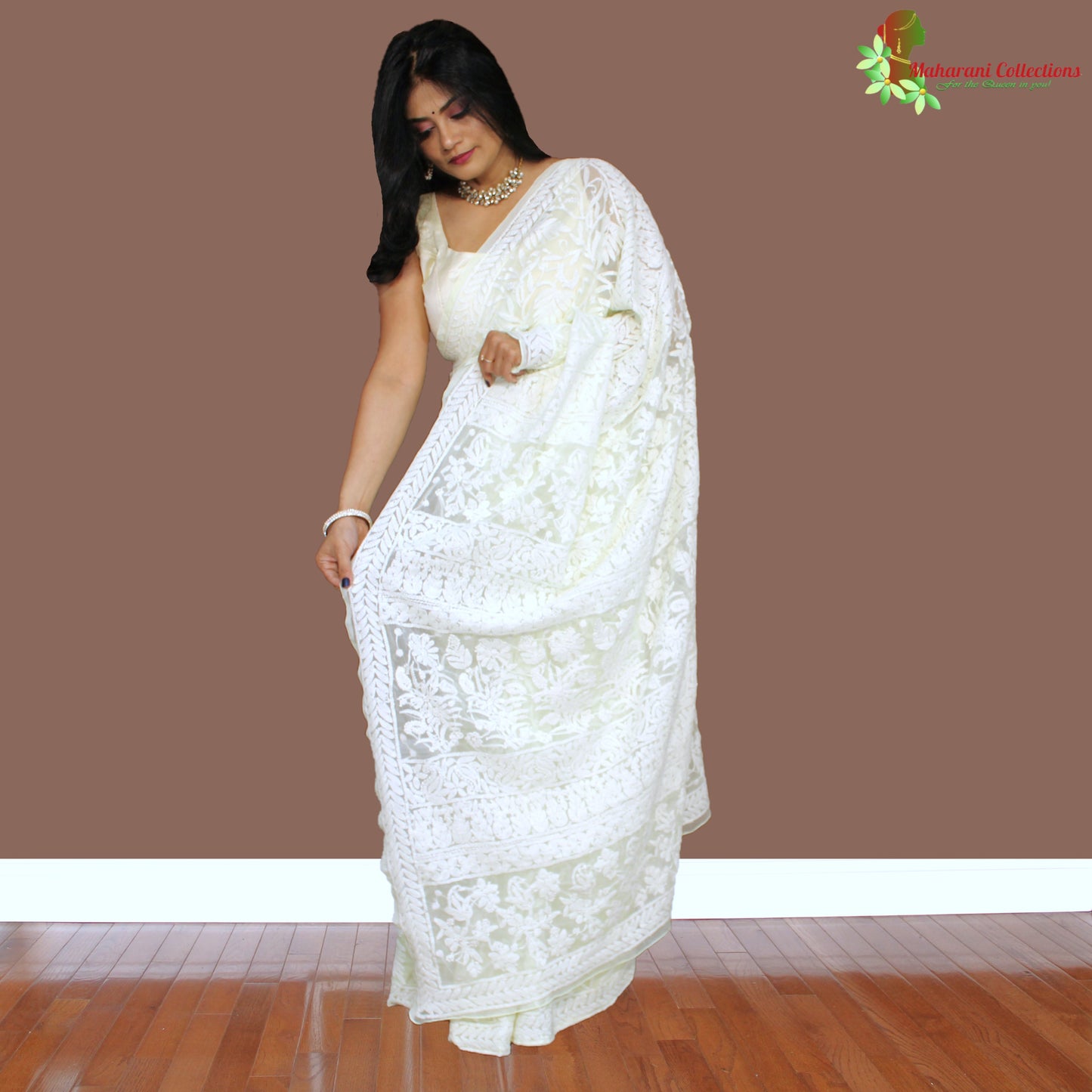 Maharani's Party Wear Lucknowi Chikankari Saree - Lemon Cream - Pure Georgette