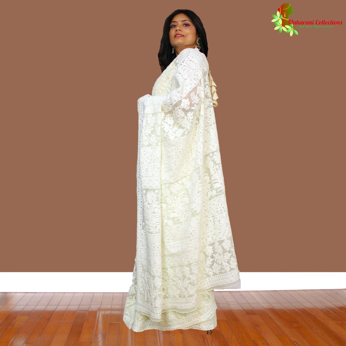 Maharani's Party Wear Lucknowi Chikankari Saree - Lemon Cream - Pure Georgette