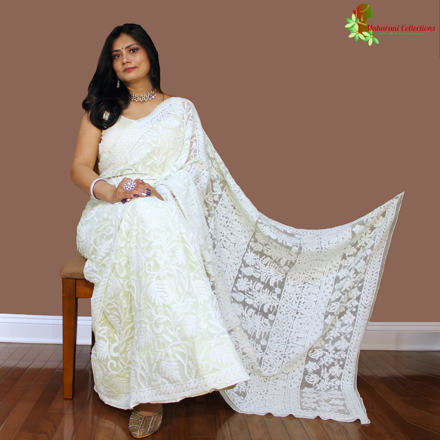Maharani's Party Wear Lucknowi Chikankari Saree - Lemon Cream - Pure Georgette