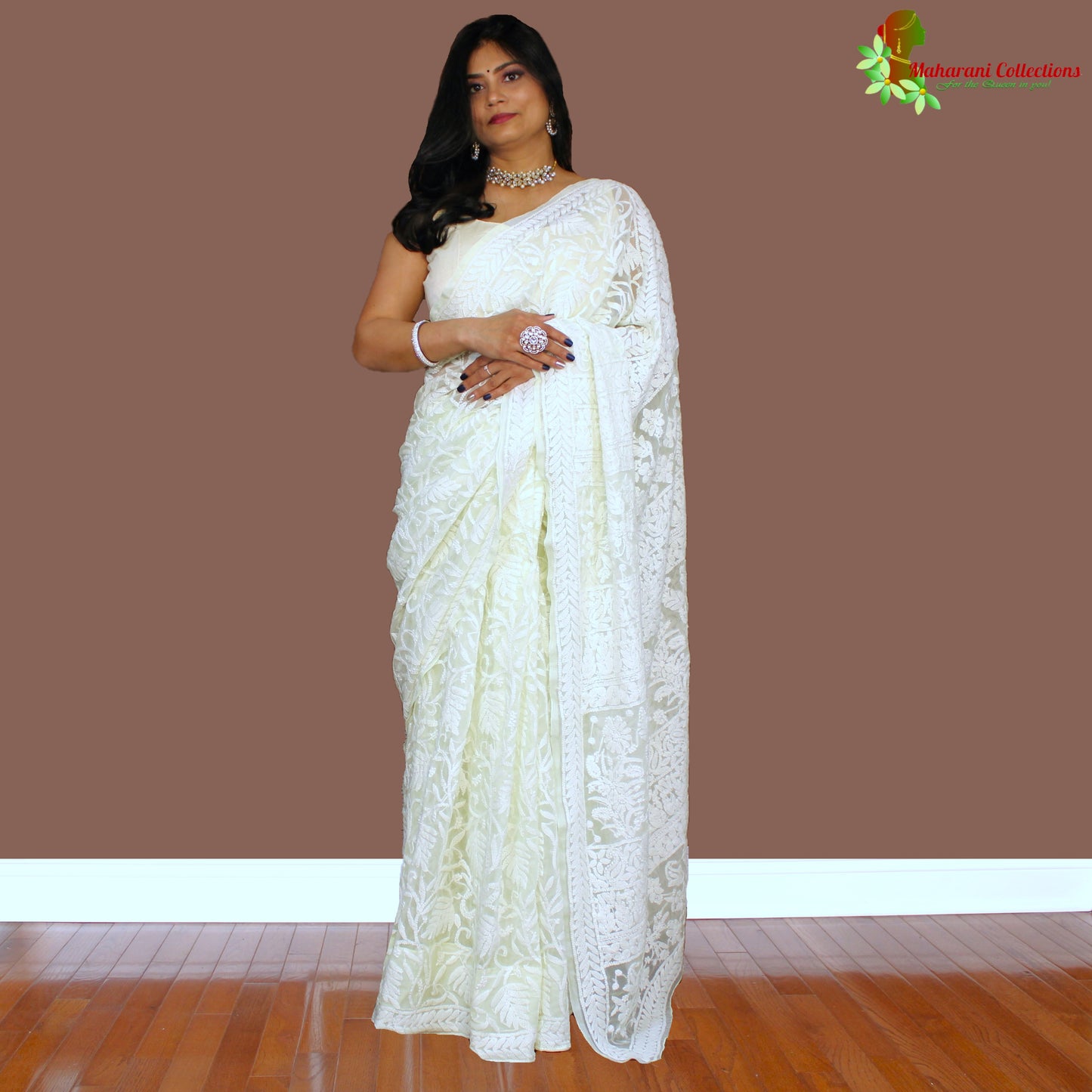 Maharani's Party Wear Lucknowi Chikankari Saree - Lemon Cream - Pure Georgette