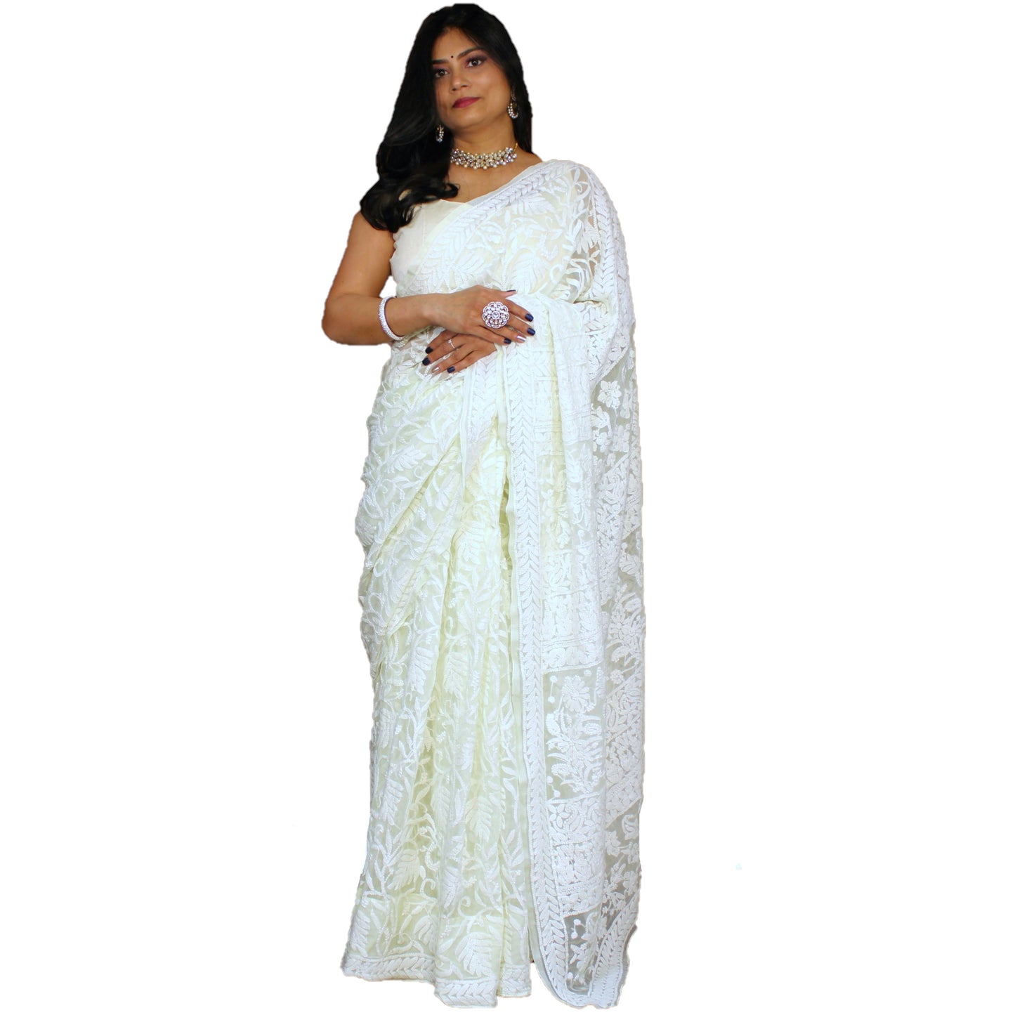 Maharani's Party Wear Lucknowi Chikankari Saree - Lemon Cream - Pure Georgette