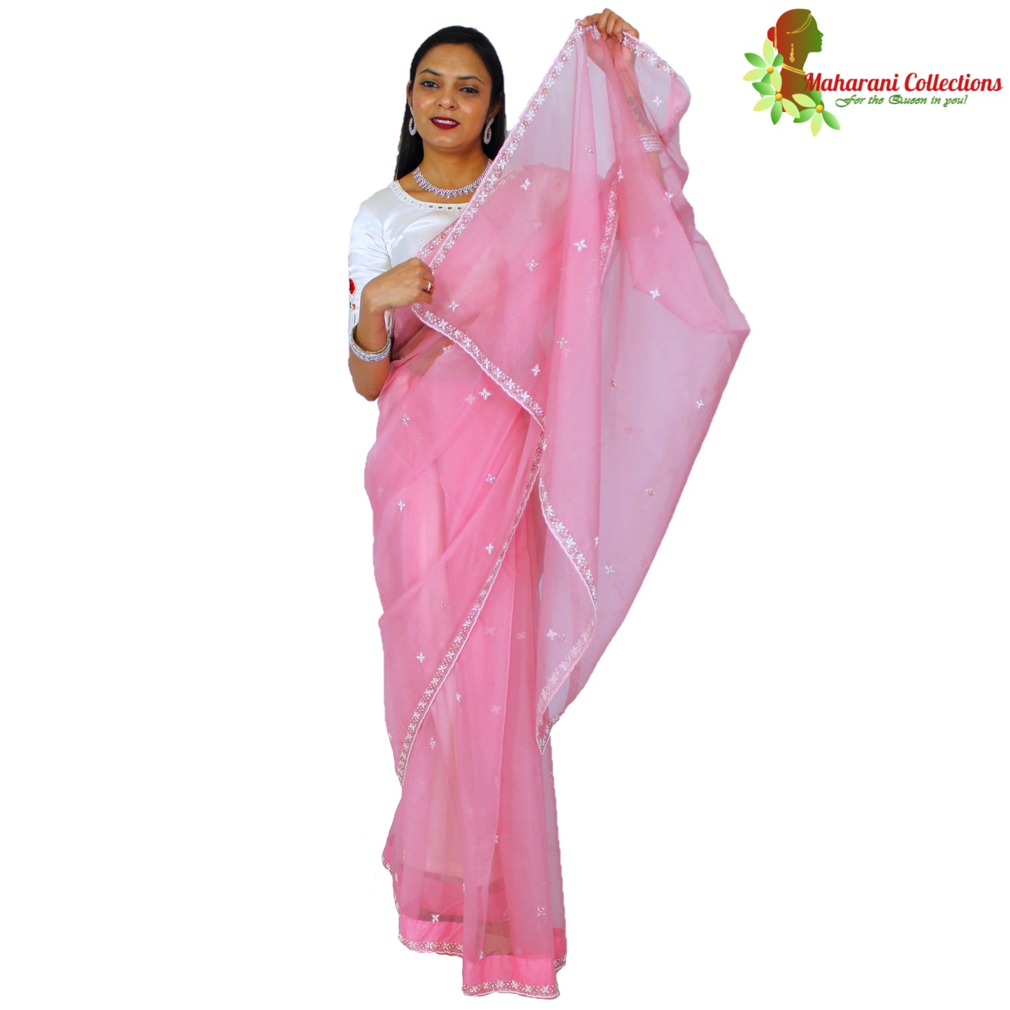 Maharani's Party Wear Tissue Chiffon Saree - Peach (with Stitched Petticoat)