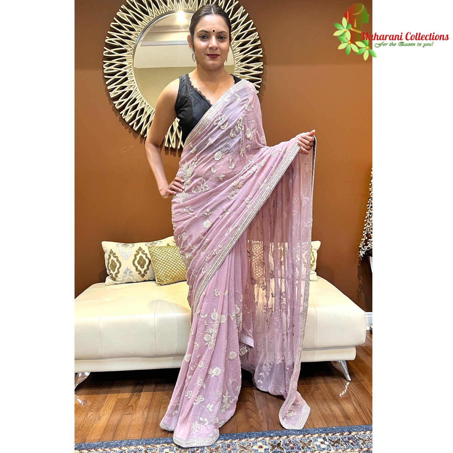 Maharani's Party Wear Tissue Chiffon Saree - Light Purple (with Stitched Petticoat)