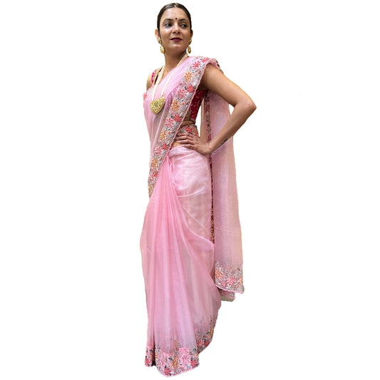 Maharani's Designer Party Wear Organza Saree - Pink (with Stitched Petticoat)