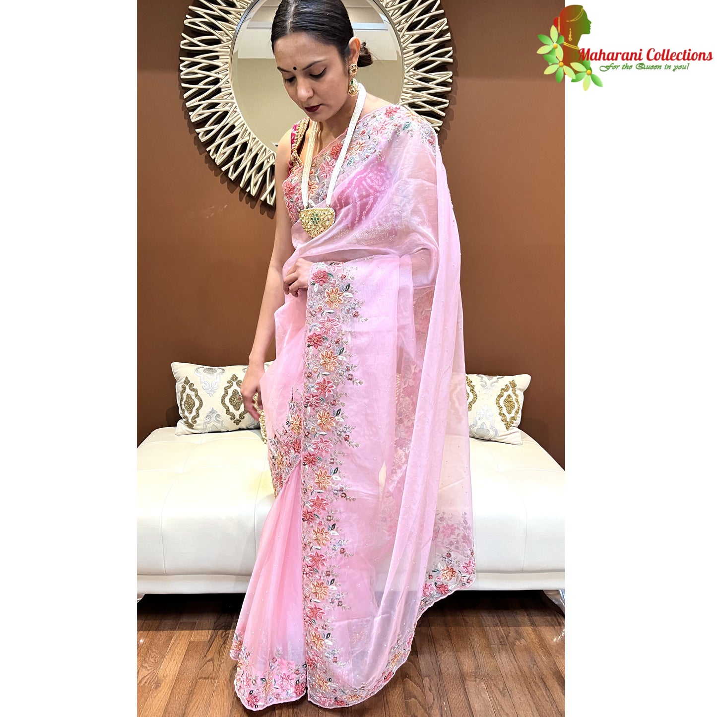 Maharani's Designer Party Wear Organza Saree - Pink (with Stitched Petticoat)
