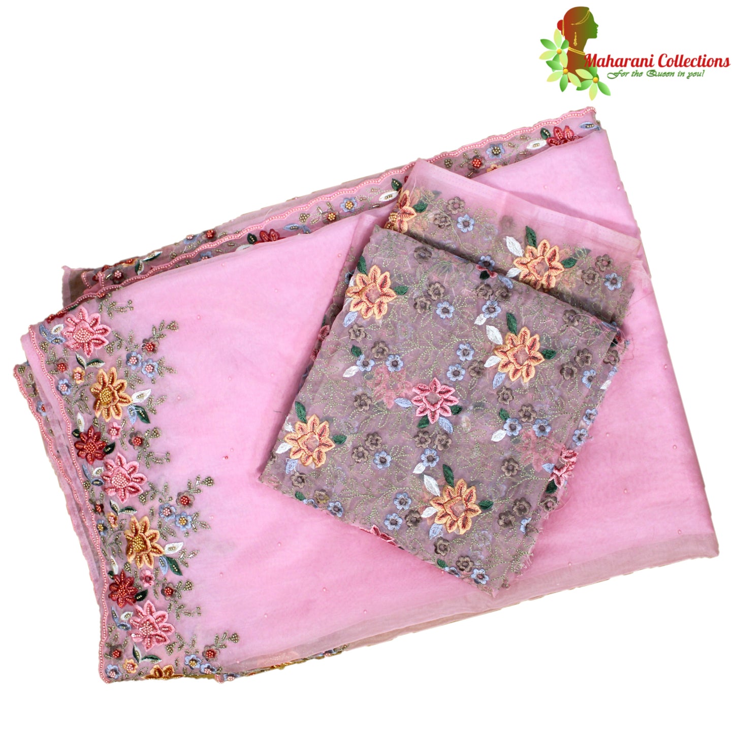 Maharani's Designer Party Wear Organza Saree - Pink (with Stitched Petticoat)