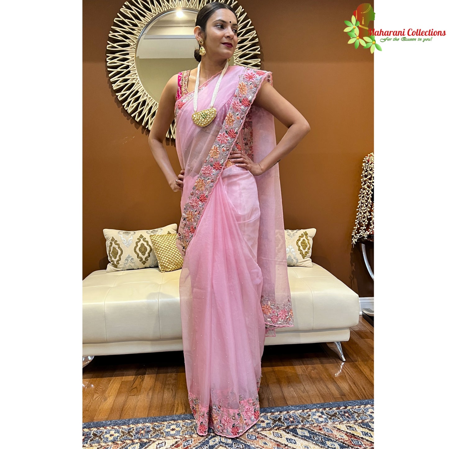 Maharani's Designer Party Wear Organza Saree - Pink (with Stitched Petticoat)