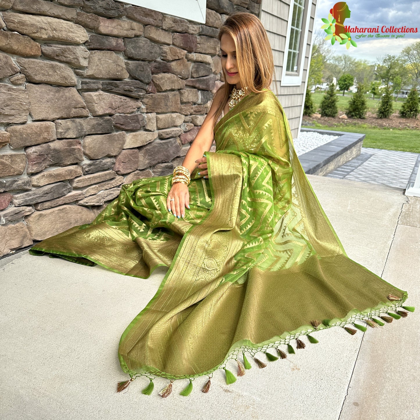 Maharani's Pure Banarasi Silk Saree - Green (with Stitched Blouse and Petticoat)