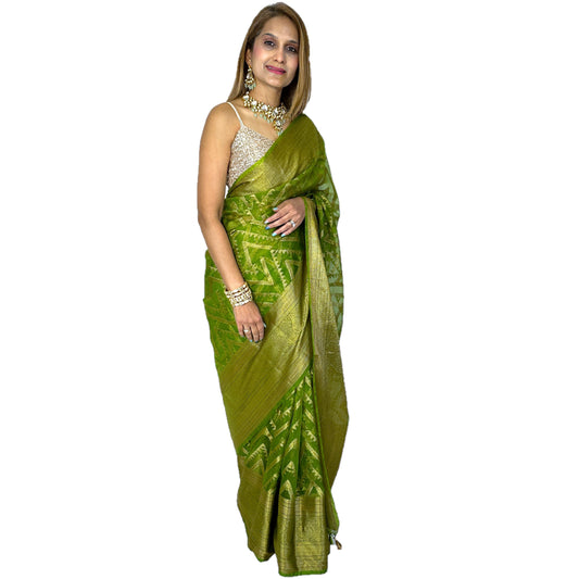 Maharani's Pure Banarasi Silk Saree - Green (with Stitched Blouse and Petticoat)