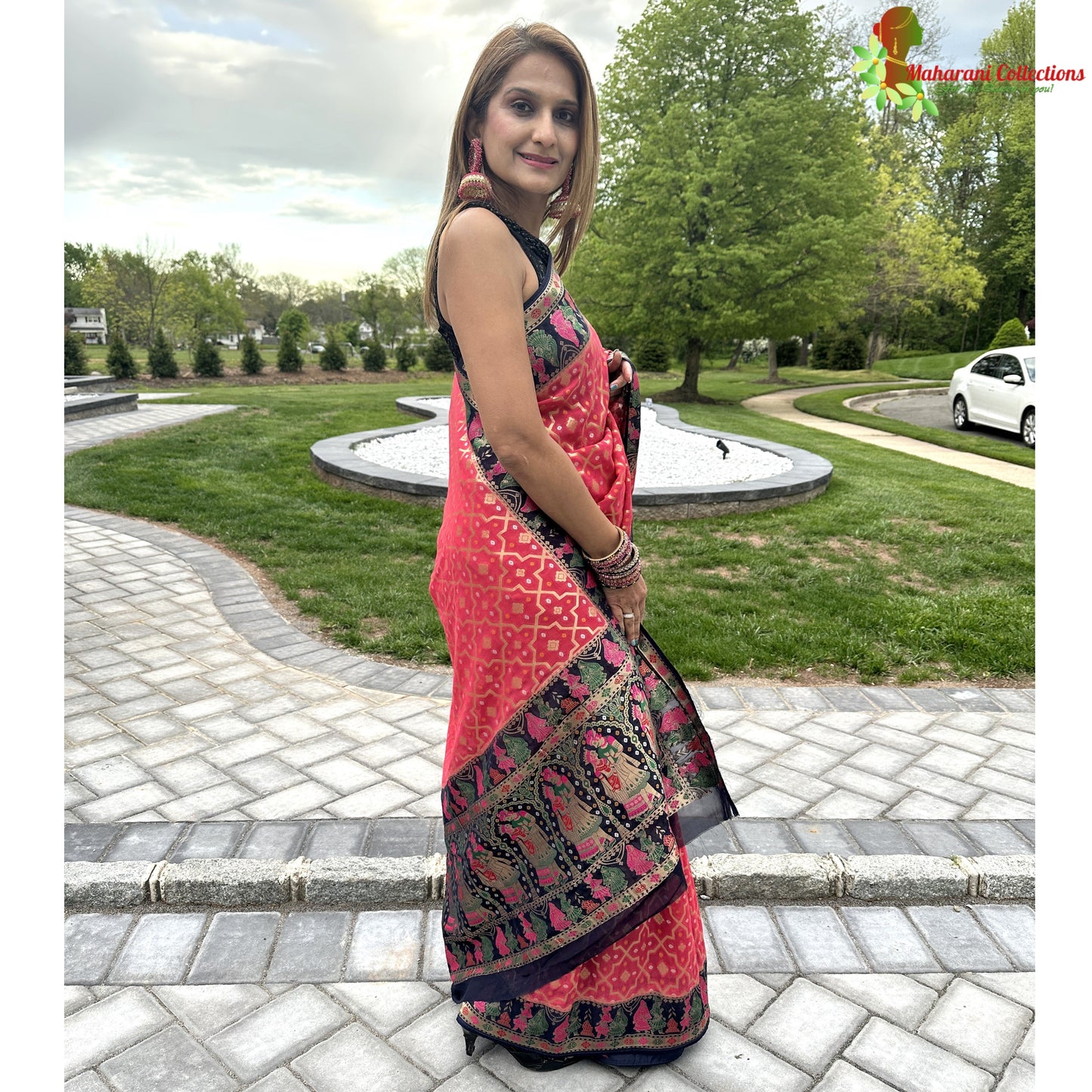 Maharani's Pure Banarasi Silk Saree - Raspberry Red and Blue