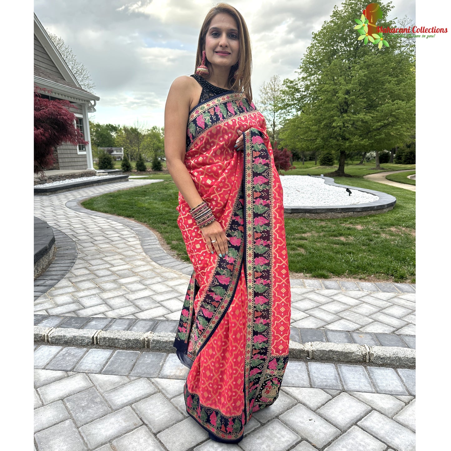 Maharani's Pure Banarasi Silk Saree - Raspberry Red and Blue