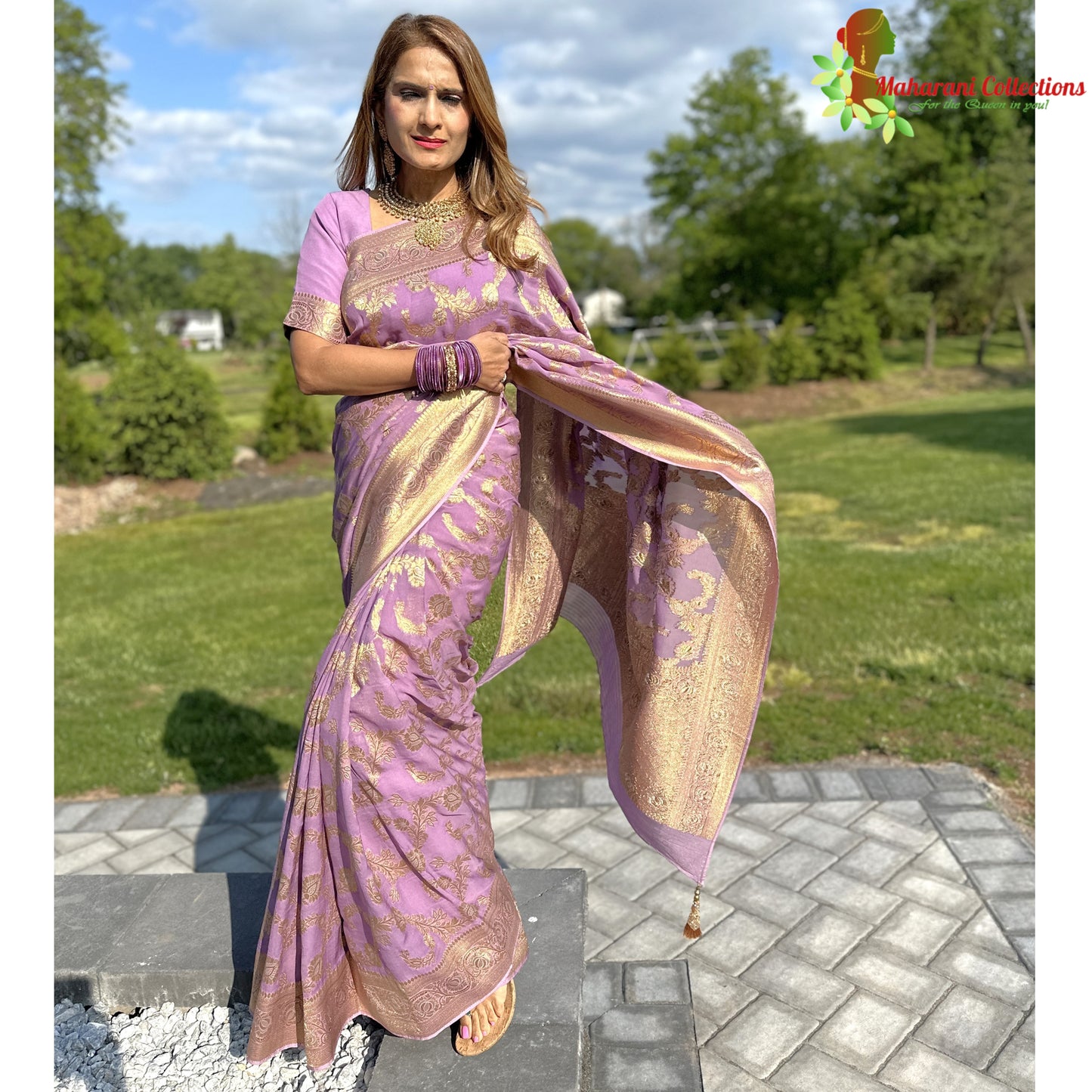 Maharani's Pure Banarasi Khaddi Georgette Saree - Light Purple (with Stitched Blouse and Petticoat)