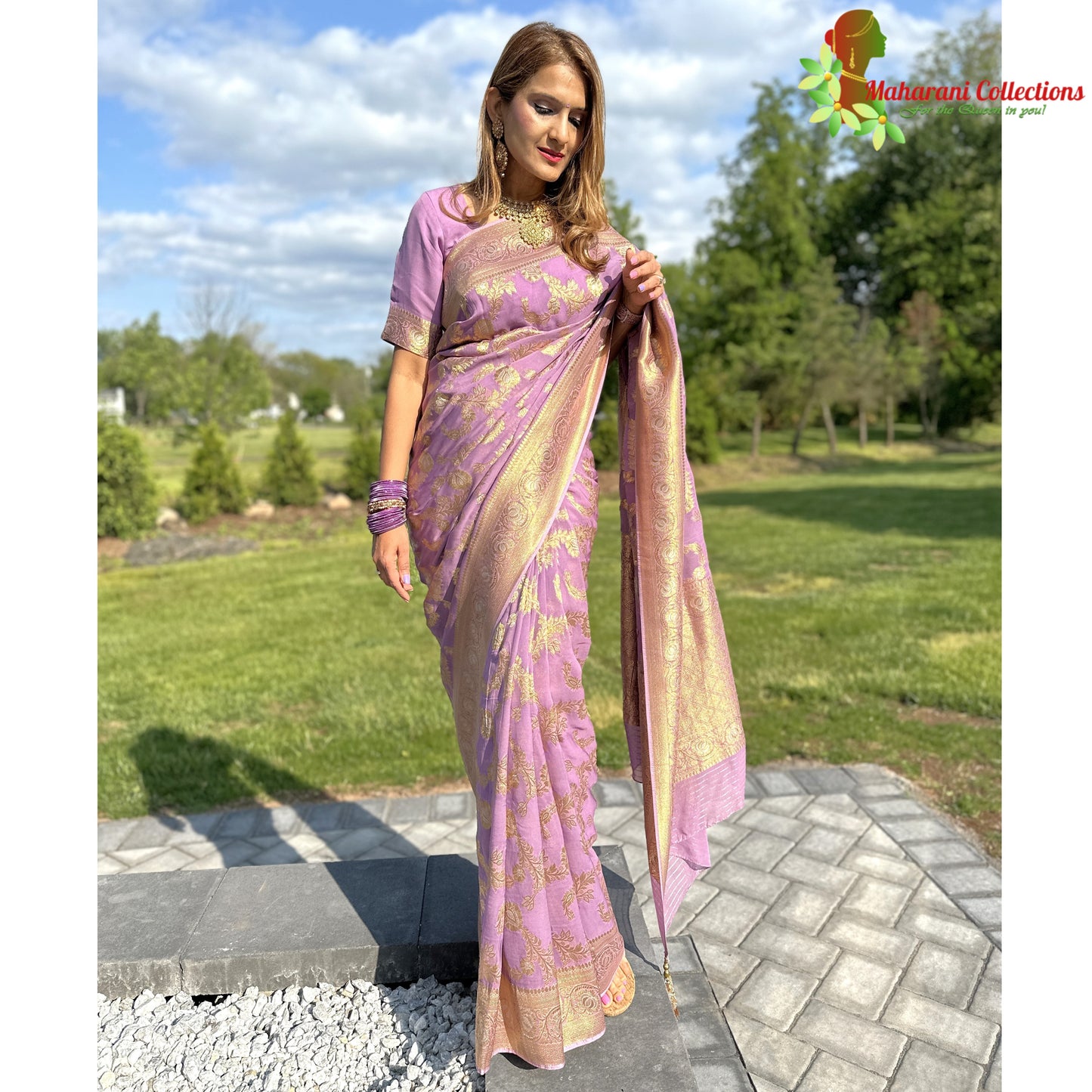 Maharani's Pure Banarasi Khaddi Georgette Saree - Light Purple (with Stitched Blouse and Petticoat)