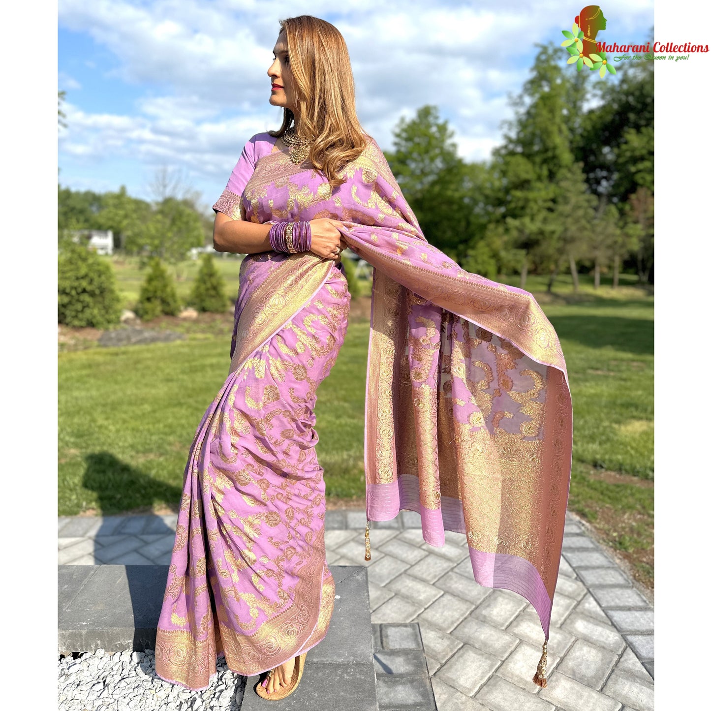Maharani's Pure Banarasi Khaddi Georgette Saree - Light Purple (with Stitched Blouse and Petticoat)