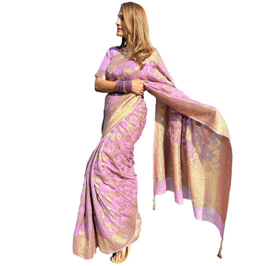 Maharani's Pure Banarasi Khaddi Georgette Saree - Light Purple (with Stitched Blouse and Petticoat)