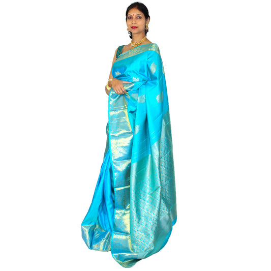 Maharani's Pure Handloom Kanjivaram Silk Saree - Greenish Blue with Golden Zari and Boota Work