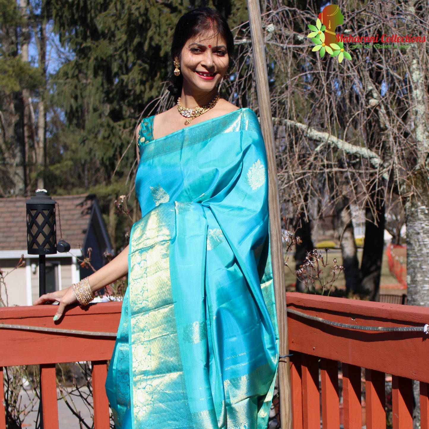Maharani's Pure Handloom Kanjivaram Silk Saree - Greenish Blue with Golden Zari and Boota Work
