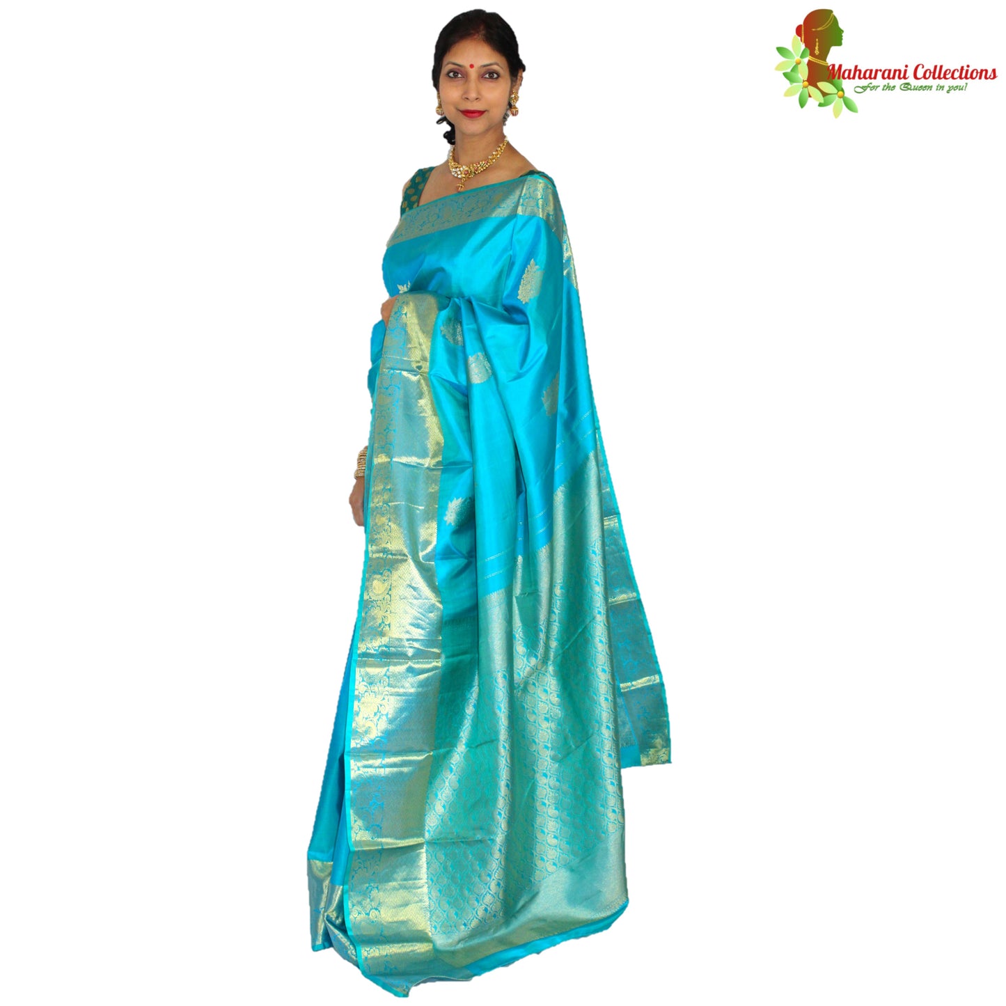 Maharani's Pure Handloom Kanjivaram Silk Saree - Greenish Blue with Golden Zari and Boota Work