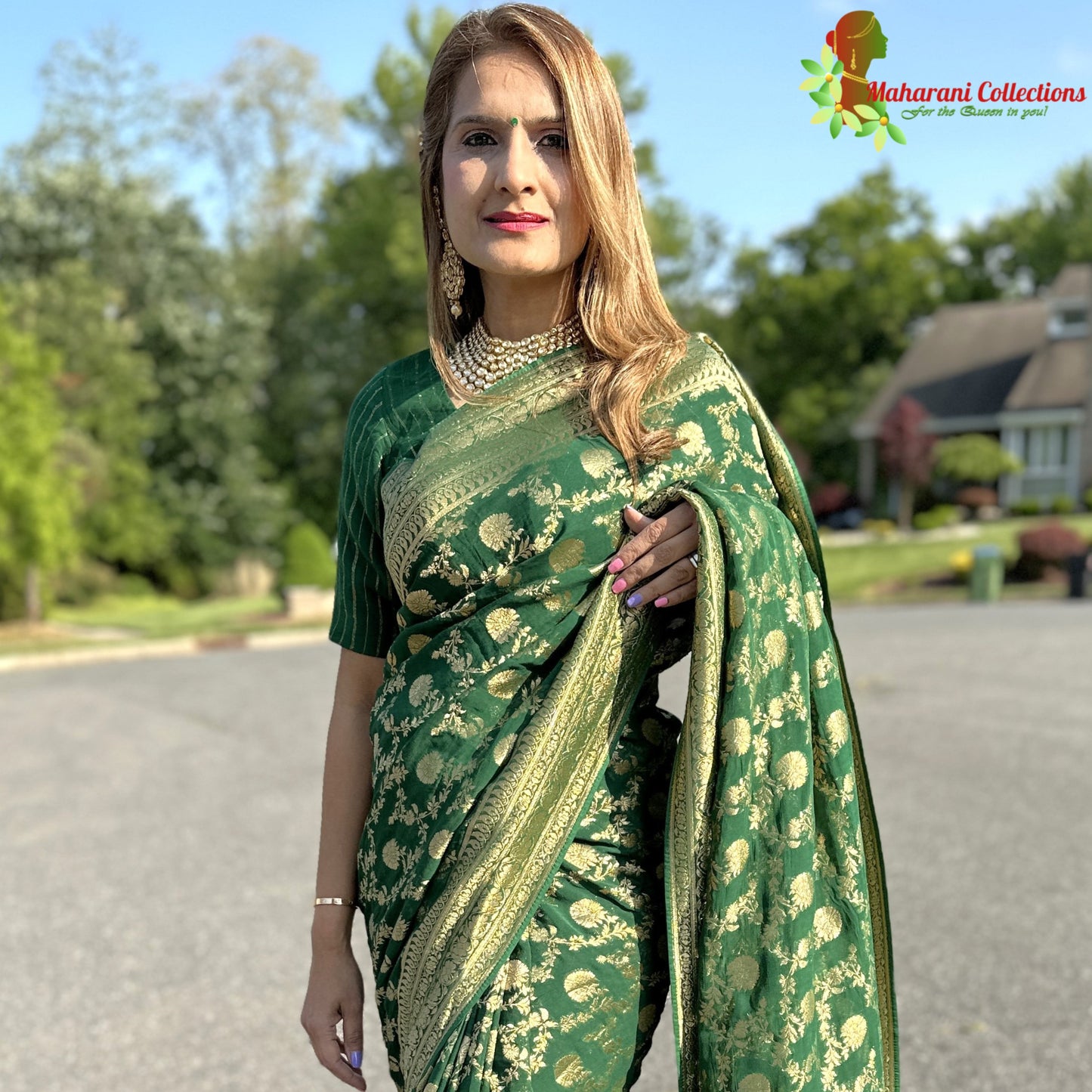 Maharani's Pure Banarasi Khaddi Georgette Saree - Bottle Green (with Stitched Blouse and Petticoat)
