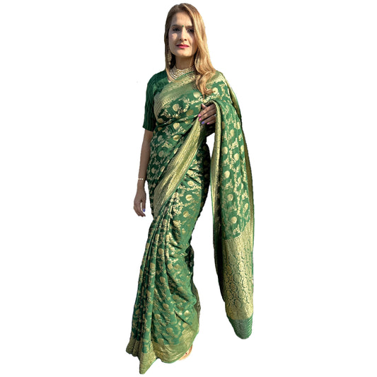 Maharani's Pure Banarasi Khaddi Georgette Saree - Bottle Green (with Stitched Blouse and Petticoat)