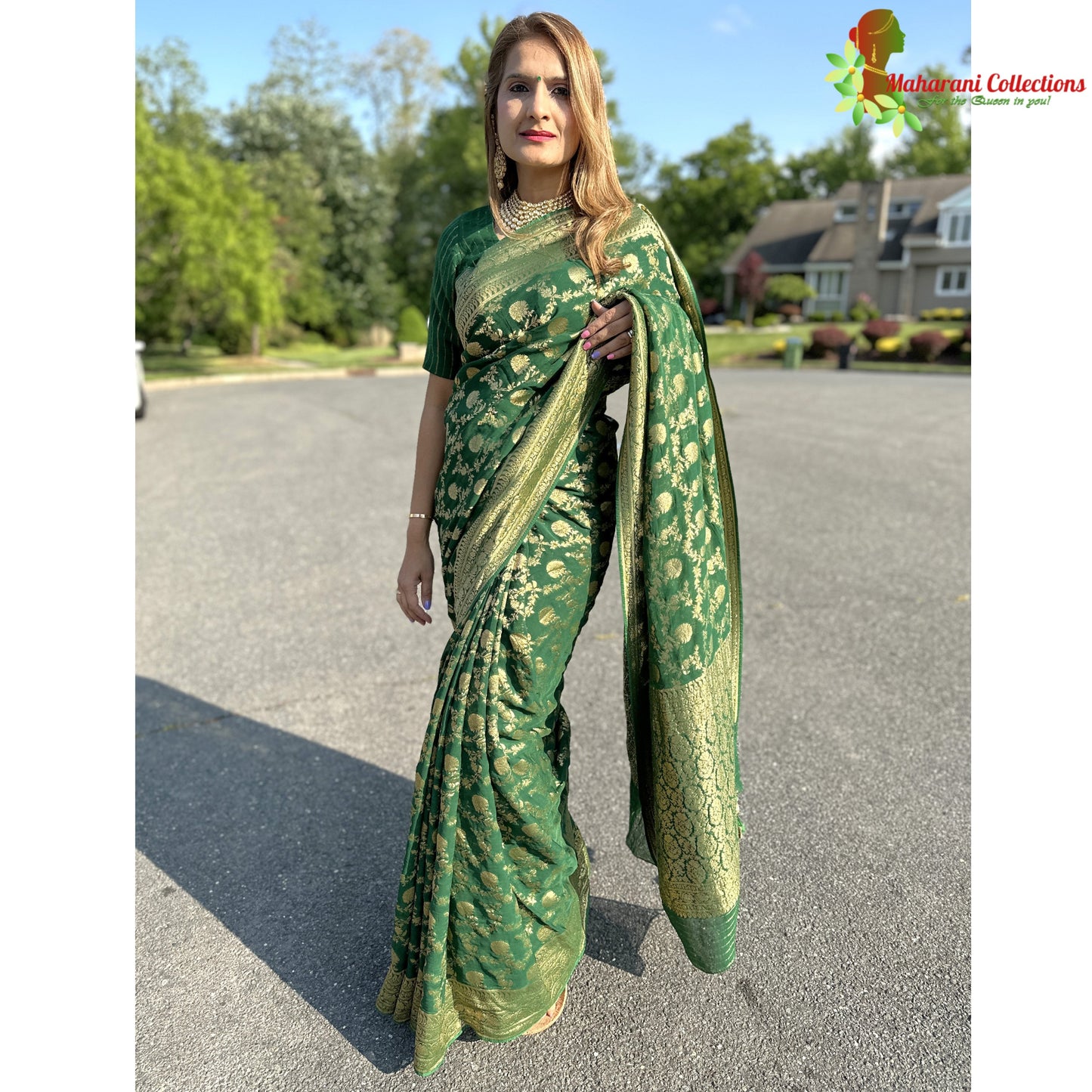 Maharani's Pure Banarasi Khaddi Georgette Saree - Bottle Green (with Stitched Blouse and Petticoat)