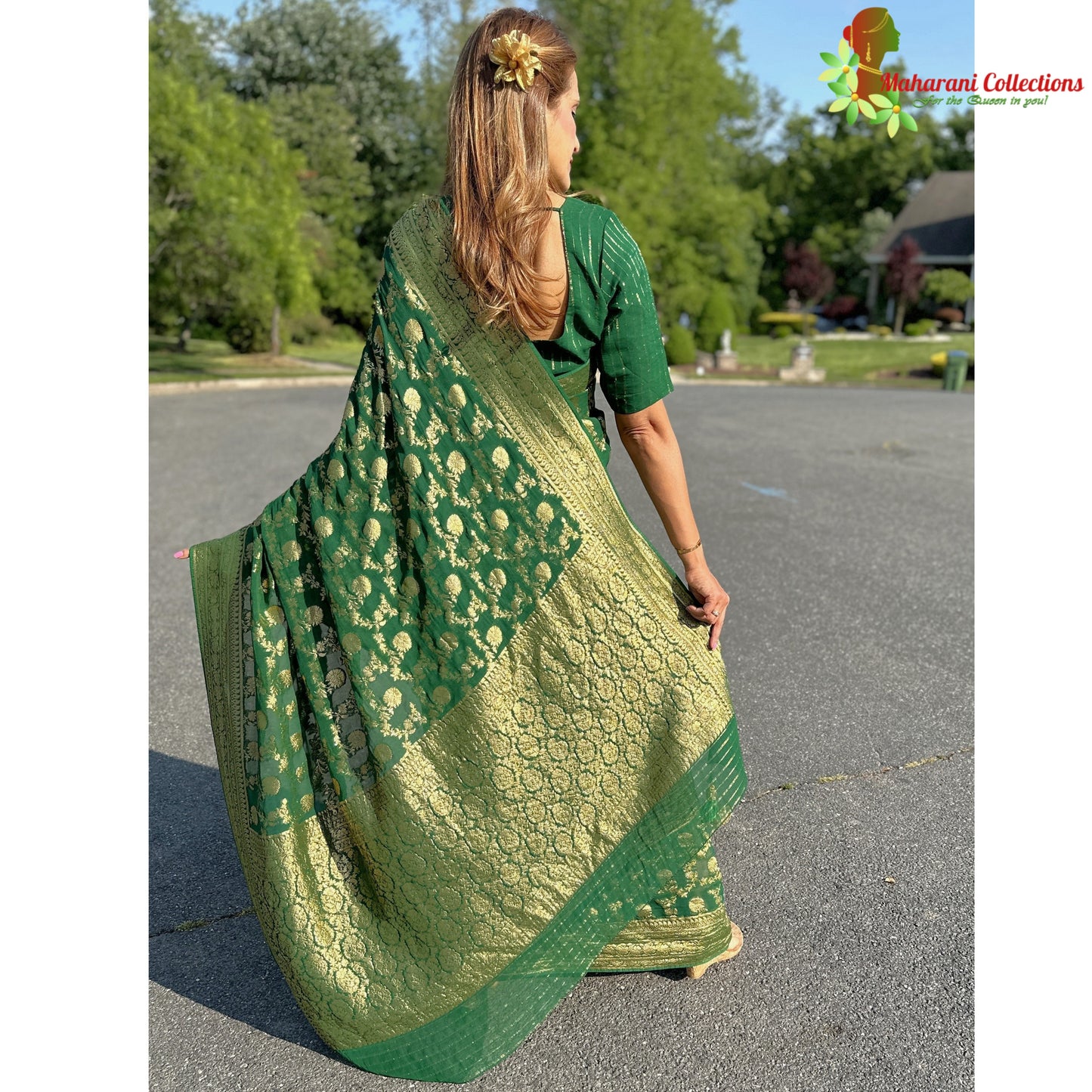 Maharani's Pure Banarasi Khaddi Georgette Saree - Bottle Green (with Stitched Blouse and Petticoat)